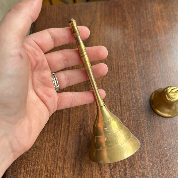 2 Vintage Brass Dinner Bells one w/ long Handle - Picture 2 of 7